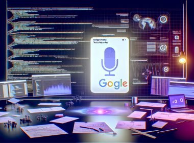 Digitaler Arbeitsplatz mit mehreren Bildschirmen, Google Display Voice Native Ads, Sprachwellenform, technischen Notizen, Analytics-Dashboards und 404-Branding an der Wand.