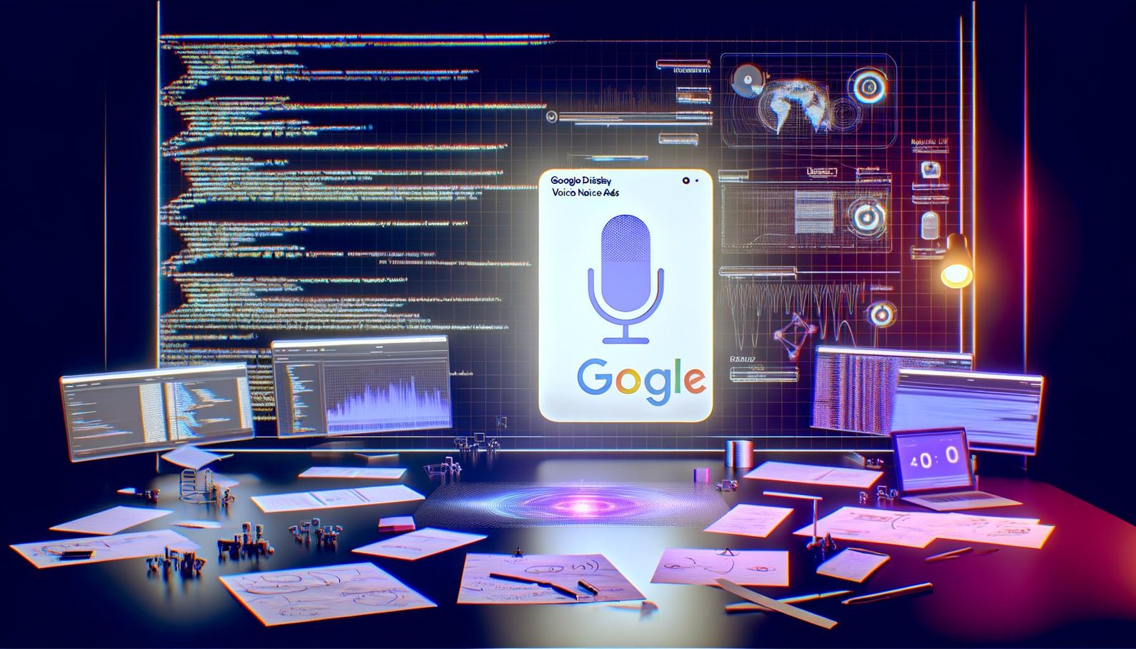Digitaler Arbeitsplatz mit mehreren Bildschirmen, Google Display Voice Native Ads, Sprachwellenform, technischen Notizen, Analytics-Dashboards und 404-Branding an der Wand.