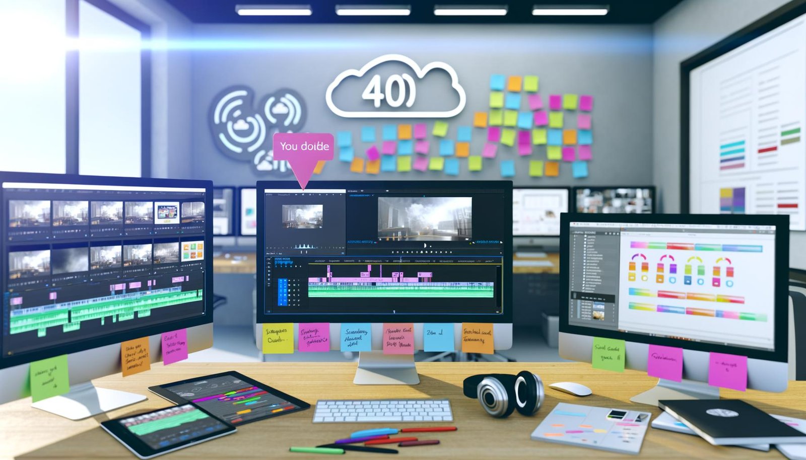 Moderner, ordentlicher Schreibtisch mit mehreren Bildschirmen für Reels-Videoschnitt in Premiere Pro, Storyboard-Notion-Boards, organisierte Cloud-Ordner, Notizen, Tablet mit Analytics, Post-its, Kopfhörer und Icons für Automatisierung und Team-Feedback.