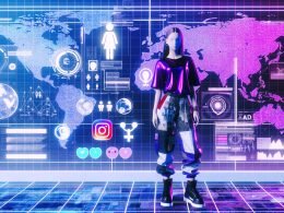 Illustration von Kim Hyung Seo (BIBI) vor futuristischem Hintergrund mit Social-Media-Icons, Datenströmen und Analysediagrammen, symbolisiert digitales K-Pop-Branding.