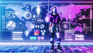 Illustration von Kim Hyung Seo (BIBI) vor futuristischem Hintergrund mit Social-Media-Icons, Datenströmen und Analysediagrammen, symbolisiert digitales K-Pop-Branding.