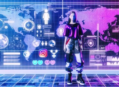 Illustration von Kim Hyung Seo (BIBI) vor futuristischem Hintergrund mit Social-Media-Icons, Datenströmen und Analysediagrammen, symbolisiert digitales K-Pop-Branding.