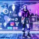 Illustration von Kim Hyung Seo (BIBI) vor futuristischem Hintergrund mit Social-Media-Icons, Datenströmen und Analysediagrammen, symbolisiert digitales K-Pop-Branding.