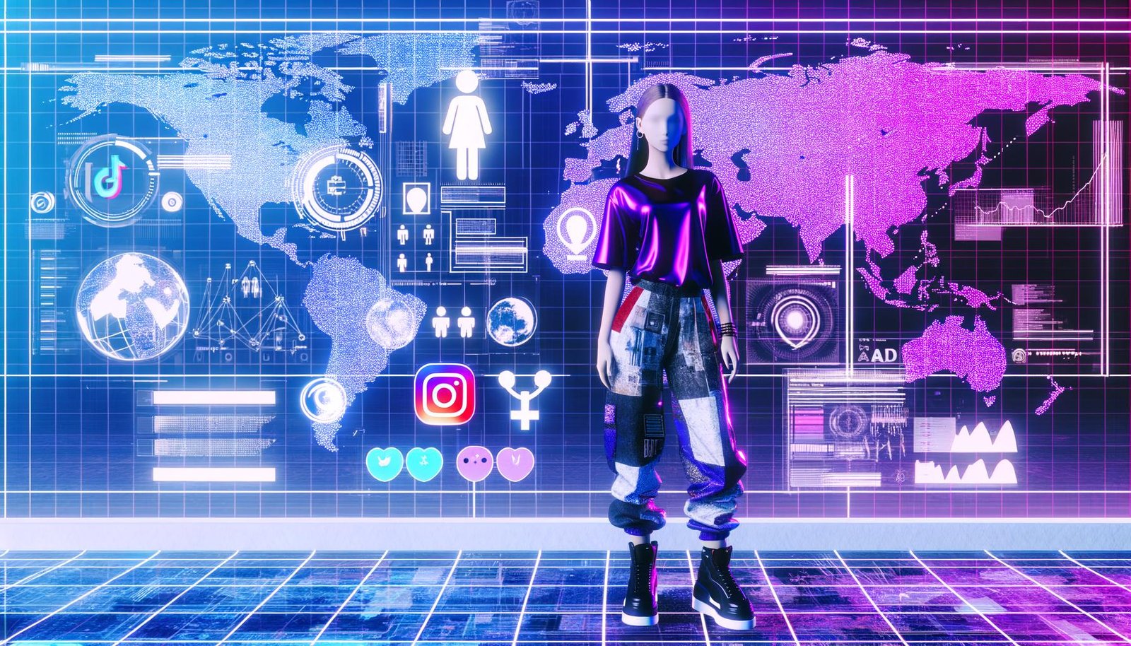 Illustration von Kim Hyung Seo (BIBI) vor futuristischem Hintergrund mit Social-Media-Icons, Datenströmen und Analysediagrammen, symbolisiert digitales K-Pop-Branding.