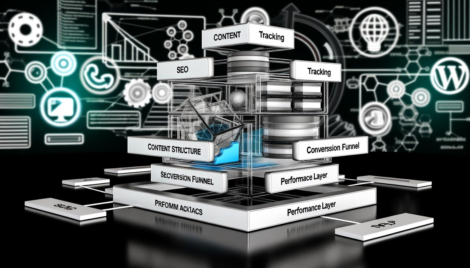 Dynamisch inszenierte Szene eines transparenten, modularen WordPress Website-Baukastens, verbunden durch leuchtende API-Linien und umgeben von technischen Symbolen vor futuristisch-urbanem Hintergrund.
