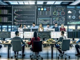 Moderne Büroumgebung mit jungen Data-Analysten, mehreren Bildschirmen mit Code, Dashboards, ETL-Pipelines und Datenvisualisierungen, unterstützt von digitalen Whiteboards.