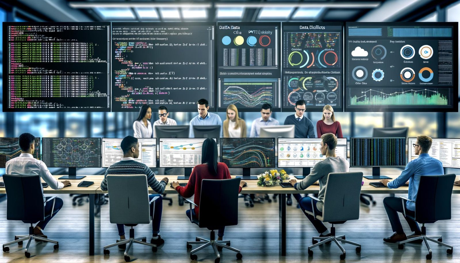 Moderne Büroumgebung mit jungen Data-Analysten, mehreren Bildschirmen mit Code, Dashboards, ETL-Pipelines und Datenvisualisierungen, unterstützt von digitalen Whiteboards.