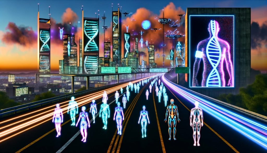 Futuristische Stadt mit hochmodernen Wolkenkratzern, Menschen mit Cyber-Implantaten und klassischen Erscheinungsbildern sowie digitalen Anzeigen in angespanntem Ambiente