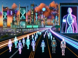 Futuristische Stadt mit hochmodernen Wolkenkratzern, Menschen mit Cyber-Implantaten und klassischen Erscheinungsbildern sowie digitalen Anzeigen in angespanntem Ambiente
