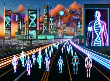Futuristische Stadt mit hochmodernen Wolkenkratzern, Menschen mit Cyber-Implantaten und klassischen Erscheinungsbildern sowie digitalen Anzeigen in angespanntem Ambiente