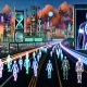 Futuristische Stadt mit hochmodernen Wolkenkratzern, Menschen mit Cyber-Implantaten und klassischen Erscheinungsbildern sowie digitalen Anzeigen in angespanntem Ambiente