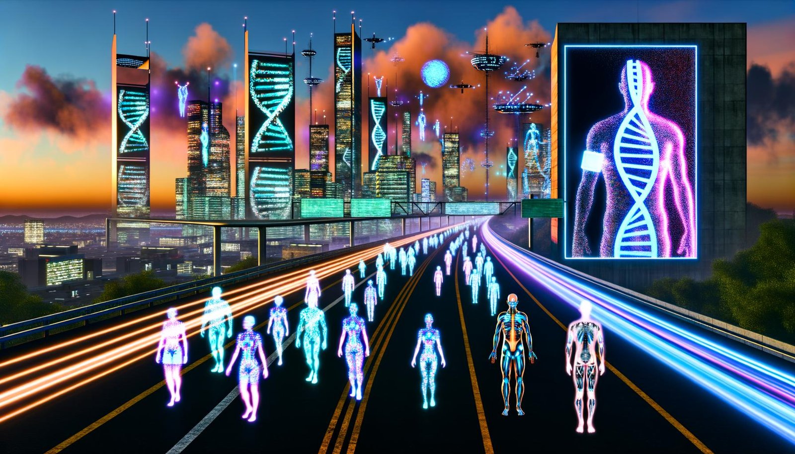 Futuristische Stadt mit hochmodernen Wolkenkratzern, Menschen mit Cyber-Implantaten und klassischen Erscheinungsbildern sowie digitalen Anzeigen in angespanntem Ambiente