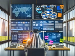 Person analysiert Conversion-Tracking-Kennzahlen und Datenschutz-Hinweise vor mehreren Monitoren mit Analytics-Dashboards in moderner Büro-Szenerie