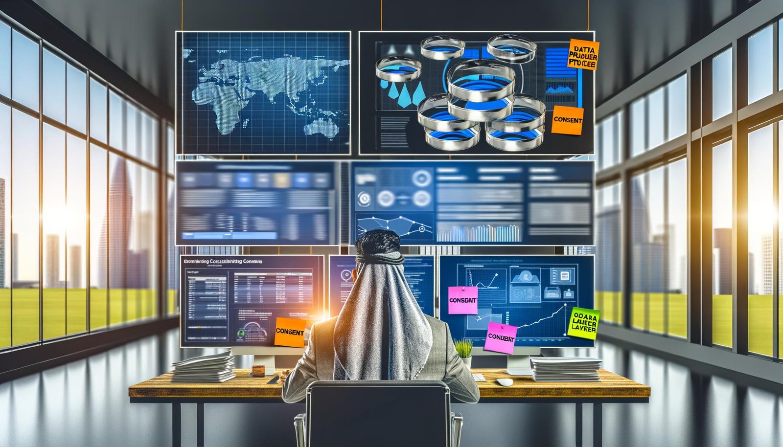 Person analysiert Conversion-Tracking-Kennzahlen und Datenschutz-Hinweise vor mehreren Monitoren mit Analytics-Dashboards in moderner Büro-Szenerie