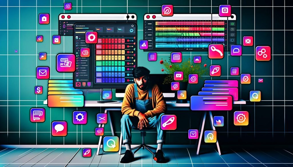 Illustration eines jungen digitalen Content Creators an einem überladenen Arbeitsplatz voller Geräte mit Instagram Reels Editor, umgeben von kreativen Interface-Elementen und digitalen Störungen.