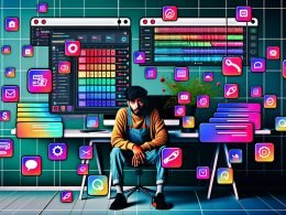 Illustration eines jungen digitalen Content Creators an einem überladenen Arbeitsplatz voller Geräte mit Instagram Reels Editor, umgeben von kreativen Interface-Elementen und digitalen Störungen.