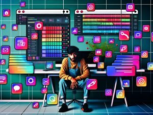 Illustration eines jungen digitalen Content Creators an einem überladenen Arbeitsplatz voller Geräte mit Instagram Reels Editor, umgeben von kreativen Interface-Elementen und digitalen Störungen.