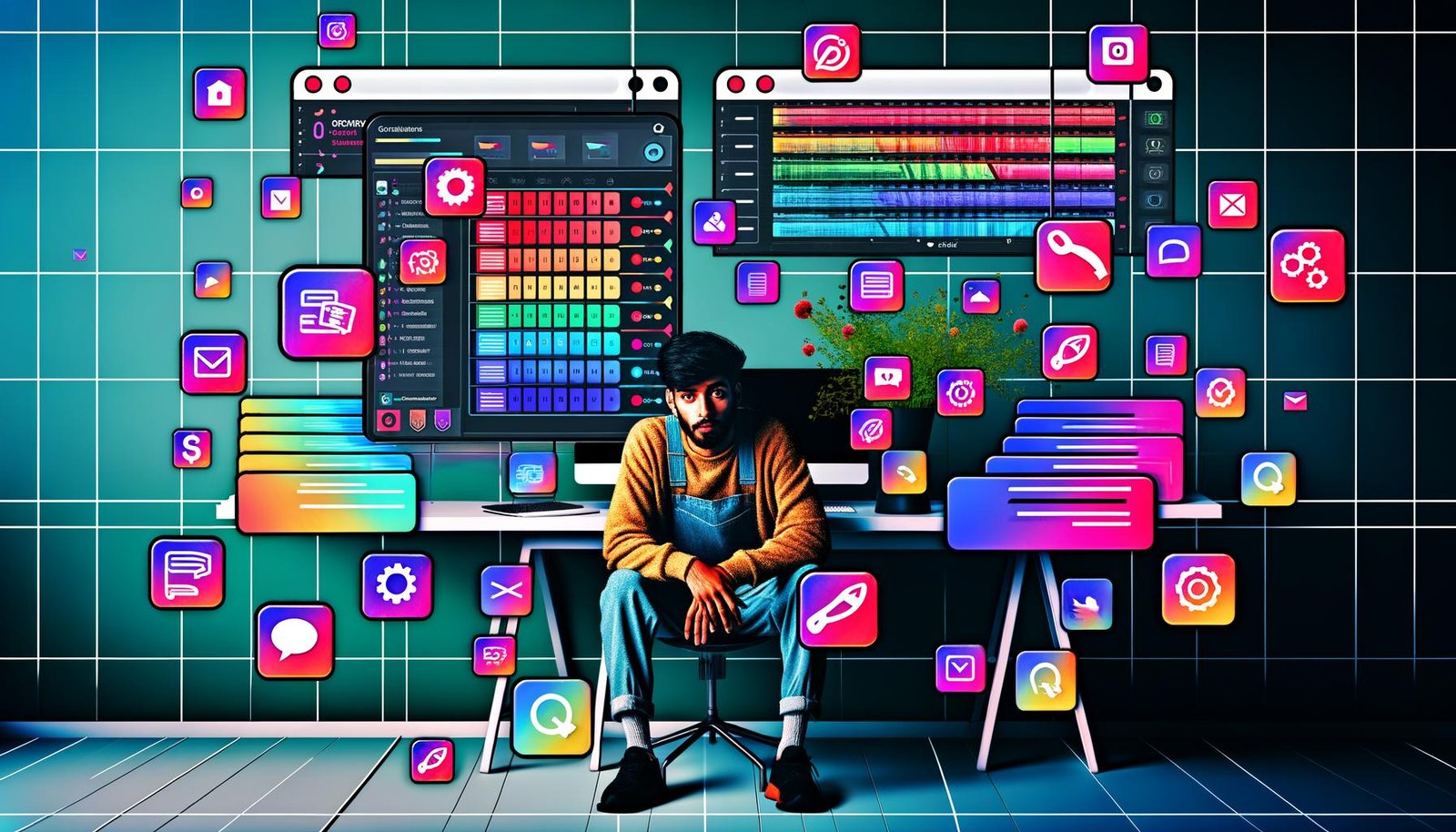Illustration eines jungen digitalen Content Creators an einem überladenen Arbeitsplatz voller Geräte mit Instagram Reels Editor, umgeben von kreativen Interface-Elementen und digitalen Störungen.