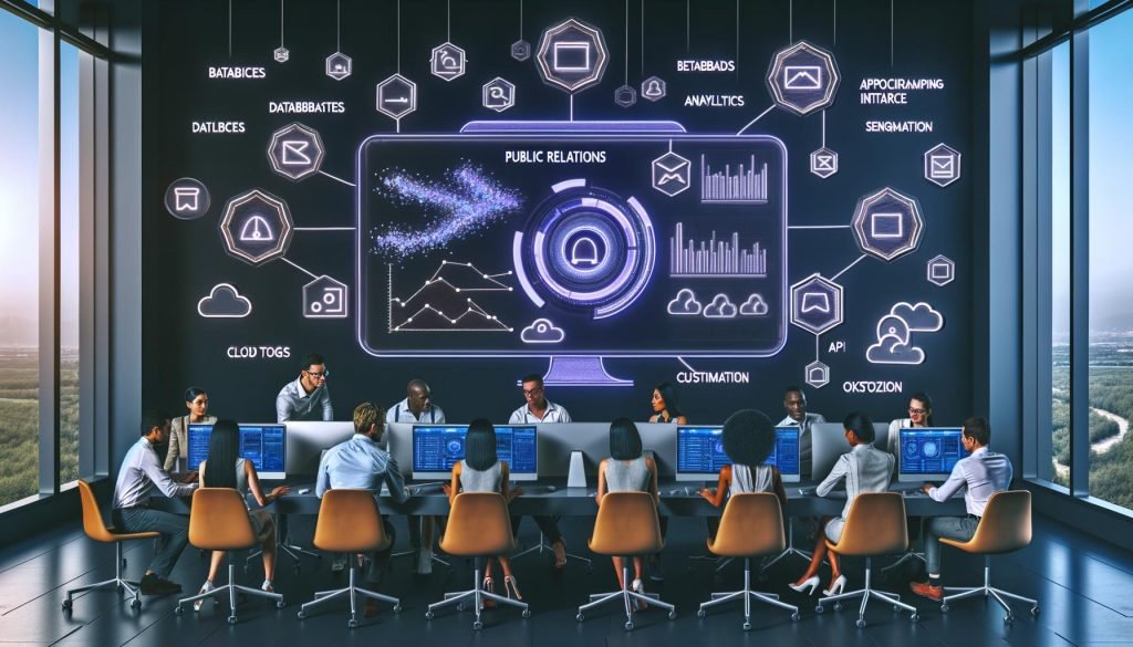 Digitaler Arbeitsplatz mit PR Automation Software-Dashboard, Echtzeit-Analysen, E-Mail-Flows und jungen PR-Profis in effizienter Teamarbeit