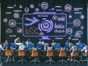 Digitaler Arbeitsplatz mit PR Automation Software-Dashboard, Echtzeit-Analysen, E-Mail-Flows und jungen PR-Profis in effizienter Teamarbeit