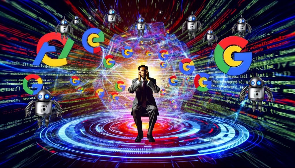 Gestresster SEO-Experte umgeben von Symbolen für Google-Updates, schwankenden Rankings, SERP-Schnipseln, Code und KI-Bildern in energetisch-chaotischer Szene.