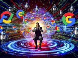 Gestresster SEO-Experte umgeben von Symbolen für Google-Updates, schwankenden Rankings, SERP-Schnipseln, Code und KI-Bildern in energetisch-chaotischer Szene.