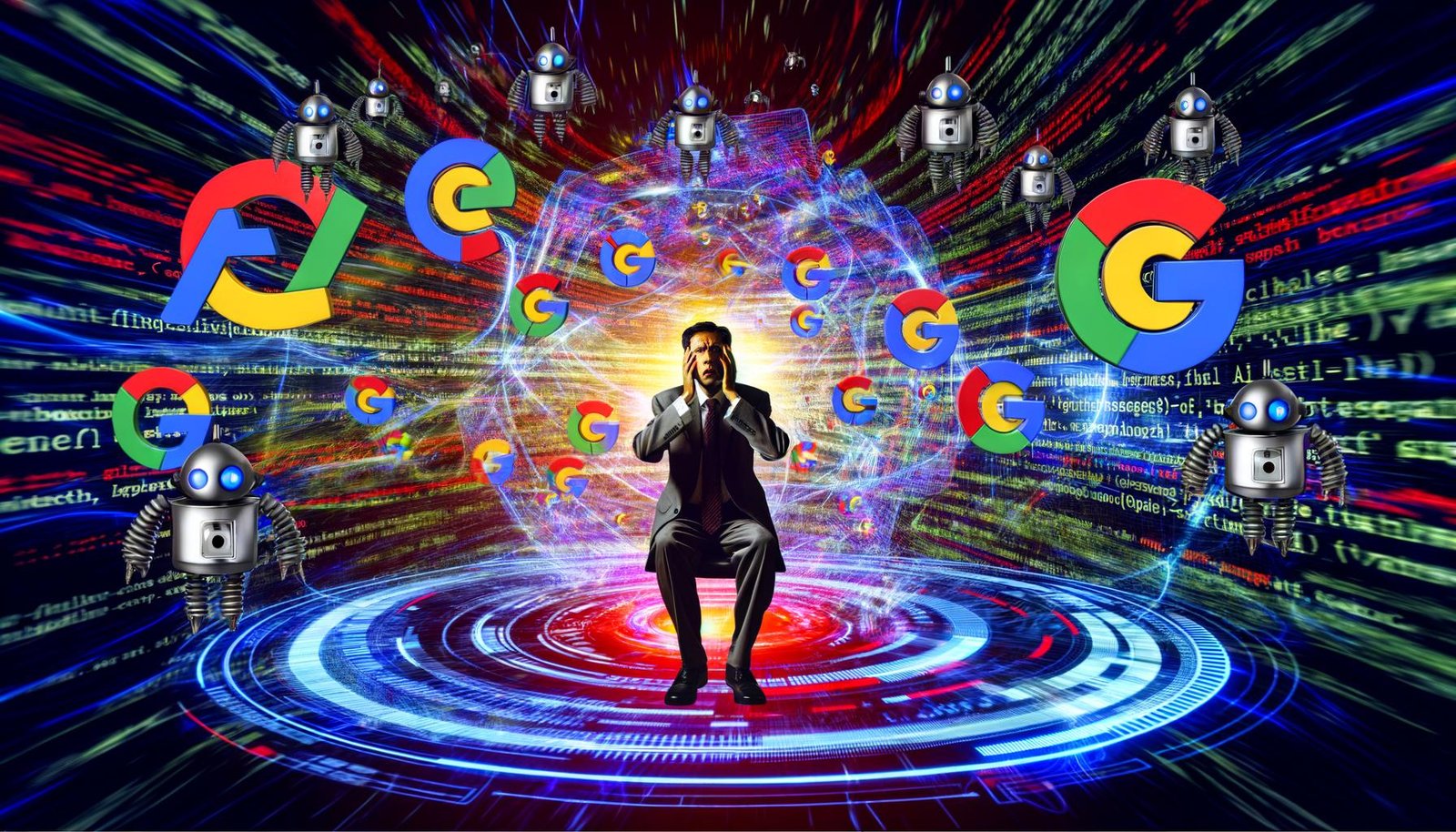 Gestresster SEO-Experte umgeben von Symbolen für Google-Updates, schwankenden Rankings, SERP-Schnipseln, Code und KI-Bildern in energetisch-chaotischer Szene.