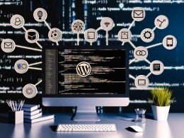 Modernes Büro mit WordPress Dashboard und schwebenden Martech-Icons wie Salesforce, Mailchimp, Google Analytics, Tag Manager, Consent Management, Lead-Formulare und CDP, die durch Datenflüsse verbunden sind.