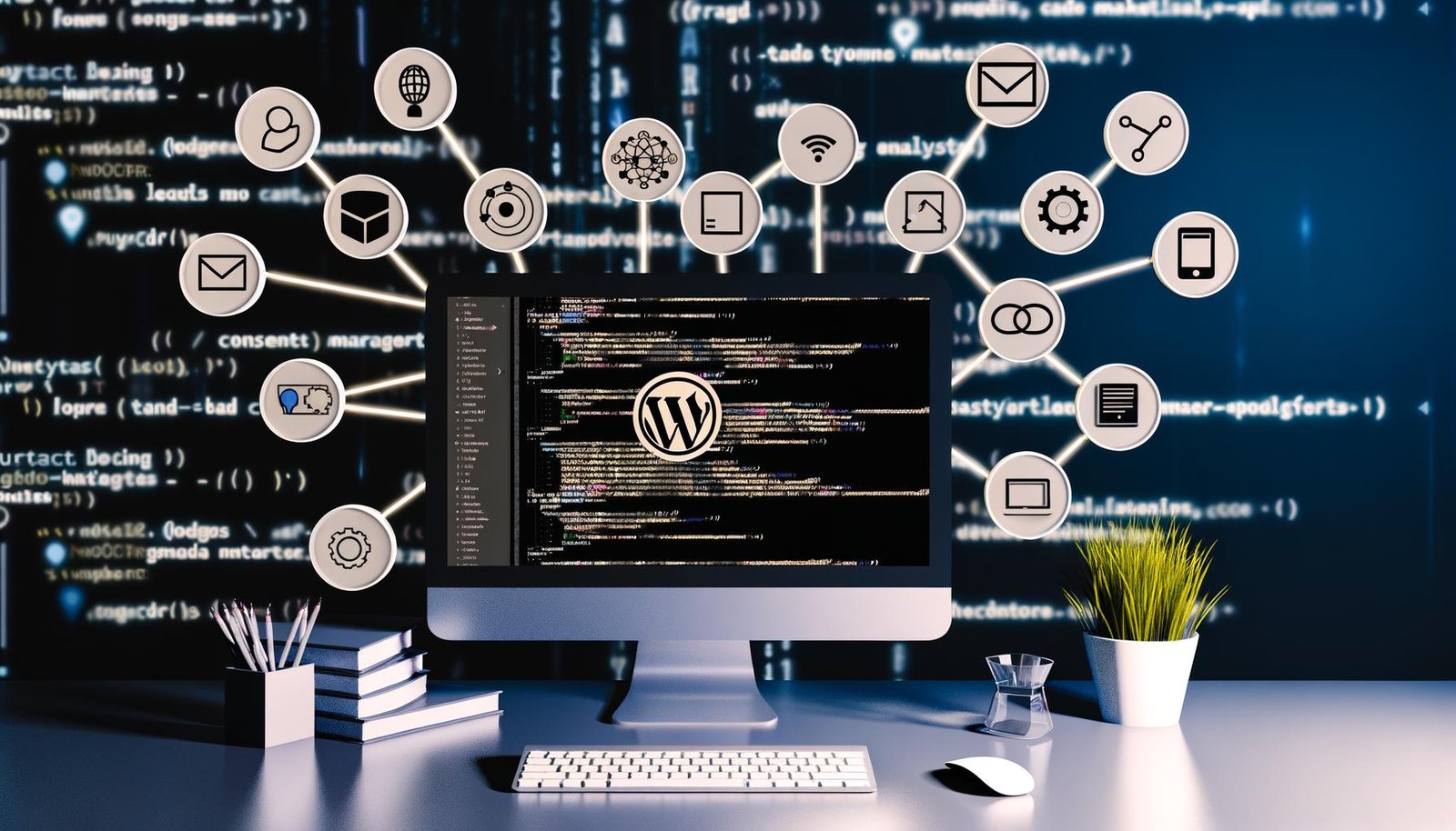 Modernes Büro mit WordPress Dashboard und schwebenden Martech-Icons wie Salesforce, Mailchimp, Google Analytics, Tag Manager, Consent Management, Lead-Formulare und CDP, die durch Datenflüsse verbunden sind.