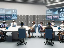 Regierungsmitarbeiter mit Virtual-Reality-Headsets in modernem, lichtdurchflutetem Büro, umgeben von digitalen Hologrammen und klassischen Aktenschränken.
