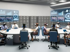 Regierungsmitarbeiter mit Virtual-Reality-Headsets in modernem, lichtdurchflutetem Büro, umgeben von digitalen Hologrammen und klassischen Aktenschränken.