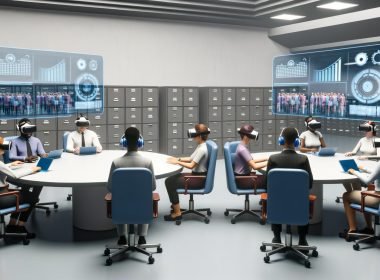Regierungsmitarbeiter mit Virtual-Reality-Headsets in modernem, lichtdurchflutetem Büro, umgeben von digitalen Hologrammen und klassischen Aktenschränken.
