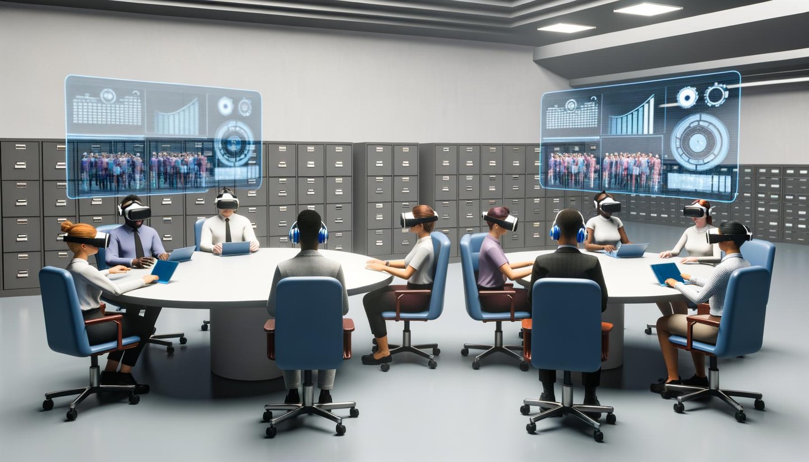 Regierungsmitarbeiter mit Virtual-Reality-Headsets in modernem, lichtdurchflutetem Büro, umgeben von digitalen Hologrammen und klassischen Aktenschränken.