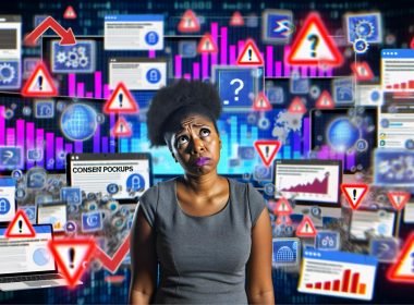 Marketing-Person überfordert von digitalen Bildschirmen, Dashboards, Consent-Popups, Adblocker-Icons und Warnhinweisen mit Datenschutzelementen im Hintergrund.