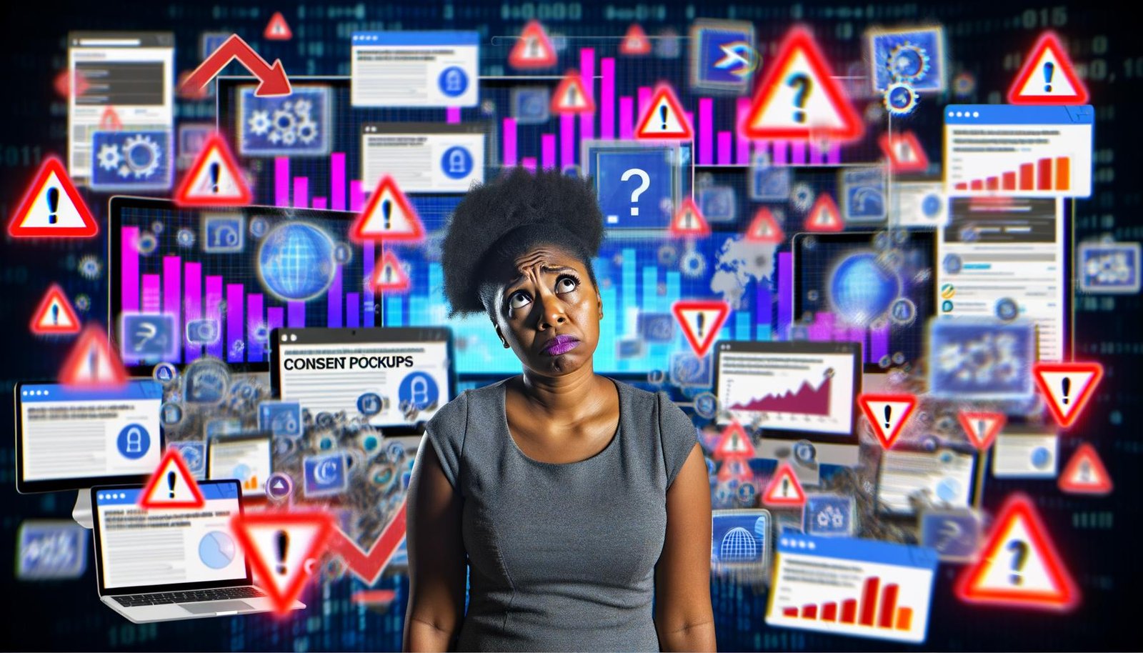 Marketing-Person überfordert von digitalen Bildschirmen, Dashboards, Consent-Popups, Adblocker-Icons und Warnhinweisen mit Datenschutzelementen im Hintergrund.