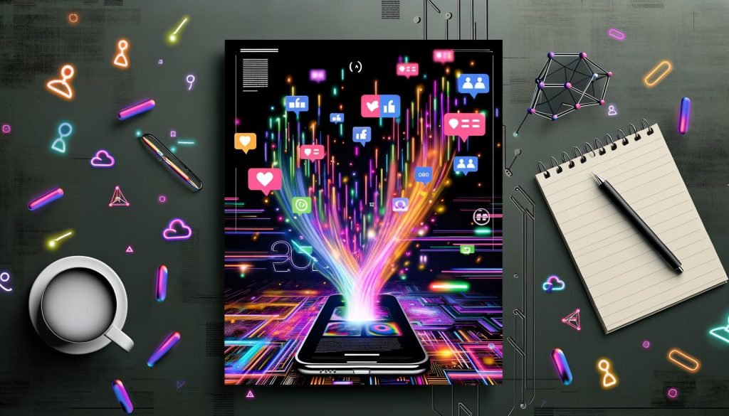 Futuristisches Smartphone mit Reels-App, schwebenden Social-Media-Symbolen, leuchtenden Datenströmen und KI-Symbolen in moderner, neonfarbener Tech-Illustration.