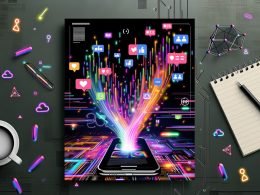 Futuristisches Smartphone mit Reels-App, schwebenden Social-Media-Symbolen, leuchtenden Datenströmen und KI-Symbolen in moderner, neonfarbener Tech-Illustration.