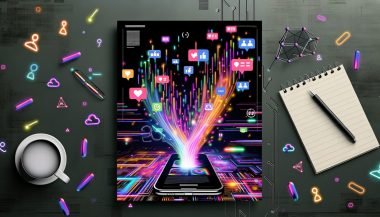 Futuristisches Smartphone mit Reels-App, schwebenden Social-Media-Symbolen, leuchtenden Datenströmen und KI-Symbolen in moderner, neonfarbener Tech-Illustration.