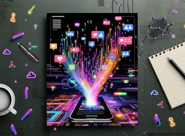Futuristisches Smartphone mit Reels-App, schwebenden Social-Media-Symbolen, leuchtenden Datenströmen und KI-Symbolen in moderner, neonfarbener Tech-Illustration.