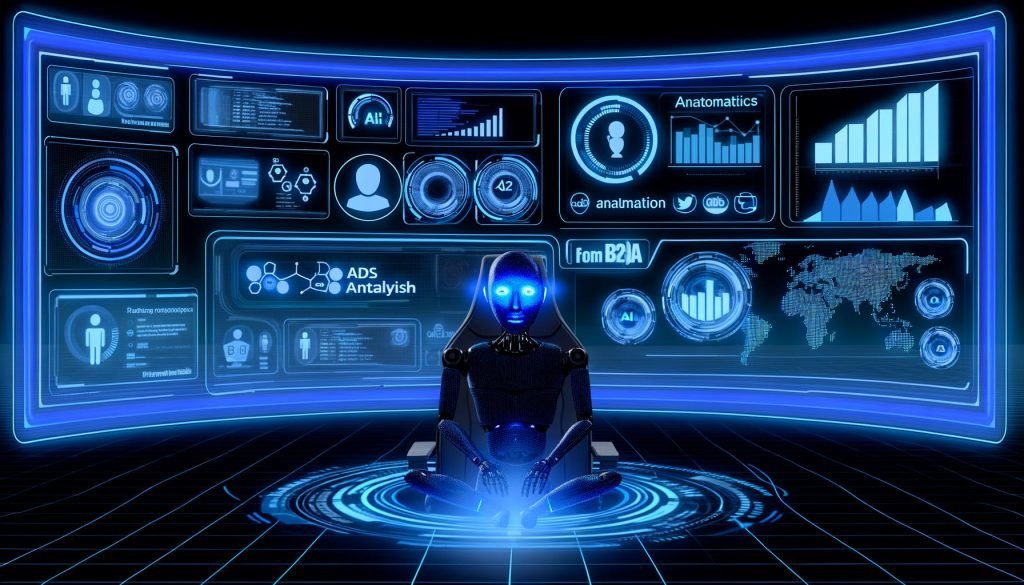 Konzept eines digitalen Kontrollzentrums in Blau mit KI-Agentin vor Daten-Dashboard, LinkedIn-Logos und Analyse-Grafiken.