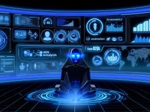 Konzept eines digitalen Kontrollzentrums in Blau mit KI-Agentin vor Daten-Dashboard, LinkedIn-Logos und Analyse-Grafiken.