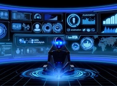 Konzept eines digitalen Kontrollzentrums in Blau mit KI-Agentin vor Daten-Dashboard, LinkedIn-Logos und Analyse-Grafiken.