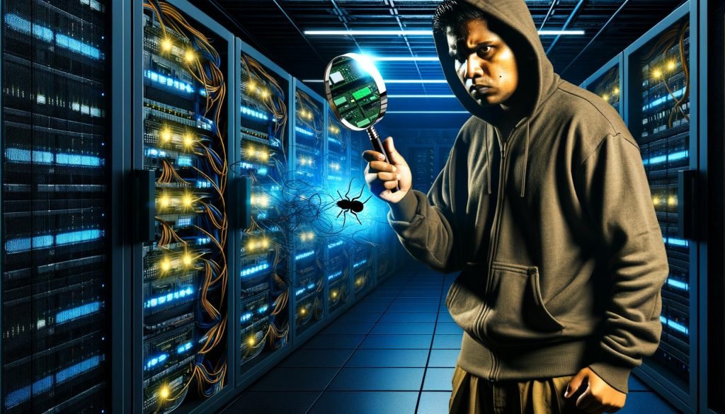 Entschlossener Digital Marketer mit Lupe in dunklem Serverraum, hebt leuchtende SEO-Boost-Elemente und versteckte technische Fehler wie Broken Links und doppelte Inhalte hervor.