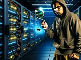 Entschlossener Digital Marketer mit Lupe in dunklem Serverraum, hebt leuchtende SEO-Boost-Elemente und versteckte technische Fehler wie Broken Links und doppelte Inhalte hervor.