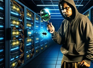 Entschlossener Digital Marketer mit Lupe in dunklem Serverraum, hebt leuchtende SEO-Boost-Elemente und versteckte technische Fehler wie Broken Links und doppelte Inhalte hervor.