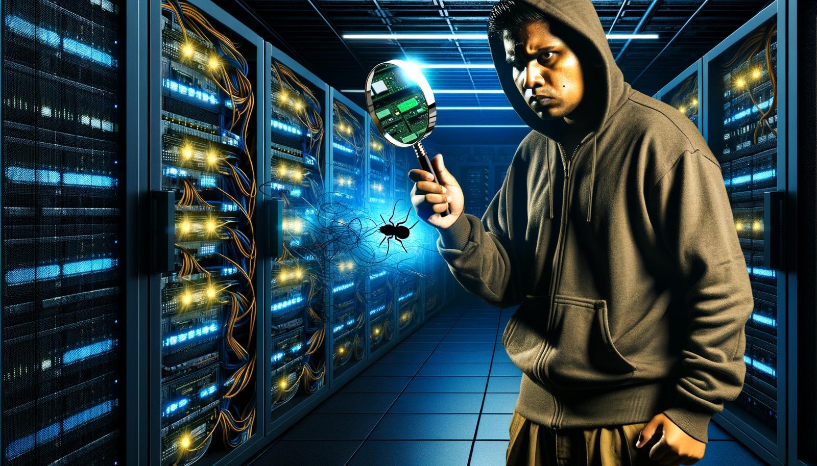 Entschlossener Digital Marketer mit Lupe in dunklem Serverraum, hebt leuchtende SEO-Boost-Elemente und versteckte technische Fehler wie Broken Links und doppelte Inhalte hervor.