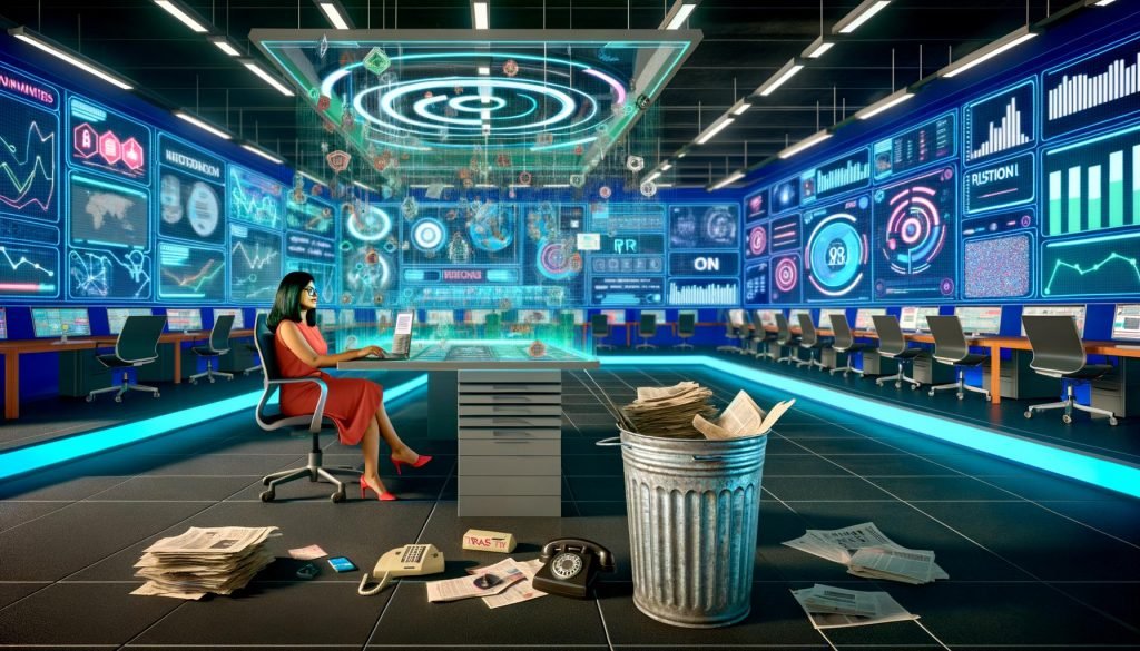Modernes Open Office 2025 mit digitalem Dashboard, Hologrammen und PR-Profi an transparenter Benutzeroberfläche, klassische Papierarbeit im Hintergrund.