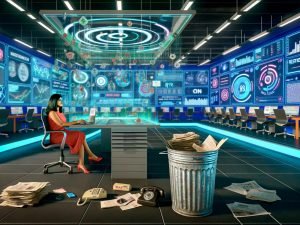 Modernes Open Office 2025 mit digitalem Dashboard, Hologrammen und PR-Profi an transparenter Benutzeroberfläche, klassische Papierarbeit im Hintergrund.