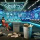Modernes Open Office 2025 mit digitalem Dashboard, Hologrammen und PR-Profi an transparenter Benutzeroberfläche, klassische Papierarbeit im Hintergrund.