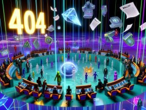 Futuristischer, digitaler Plenarsaal mit Avataren und VR-Headsets, Hologrammen von Gesetzen, leuchtender '404' und zersplitterten Wahlzetteln im Cyberspace.